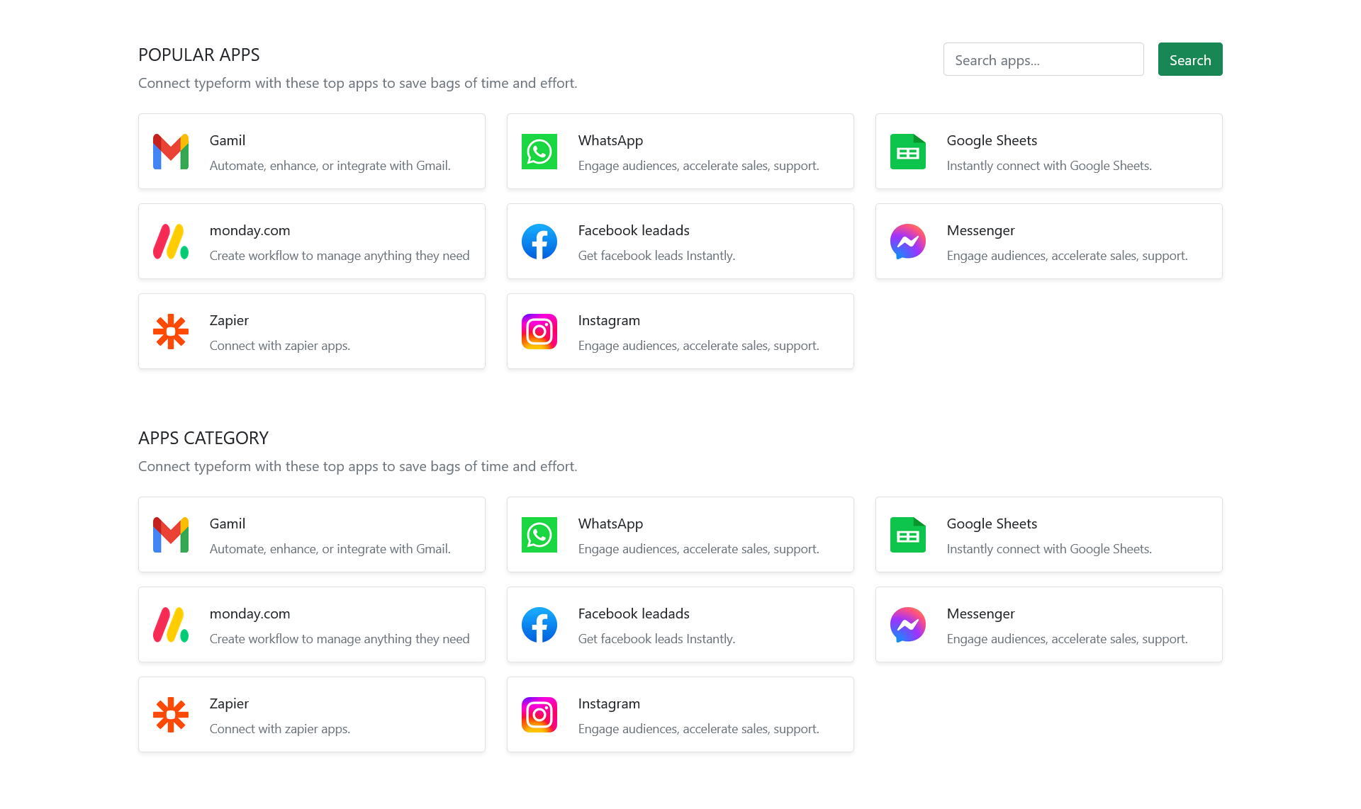 Apps integration list page UI using bootstrap