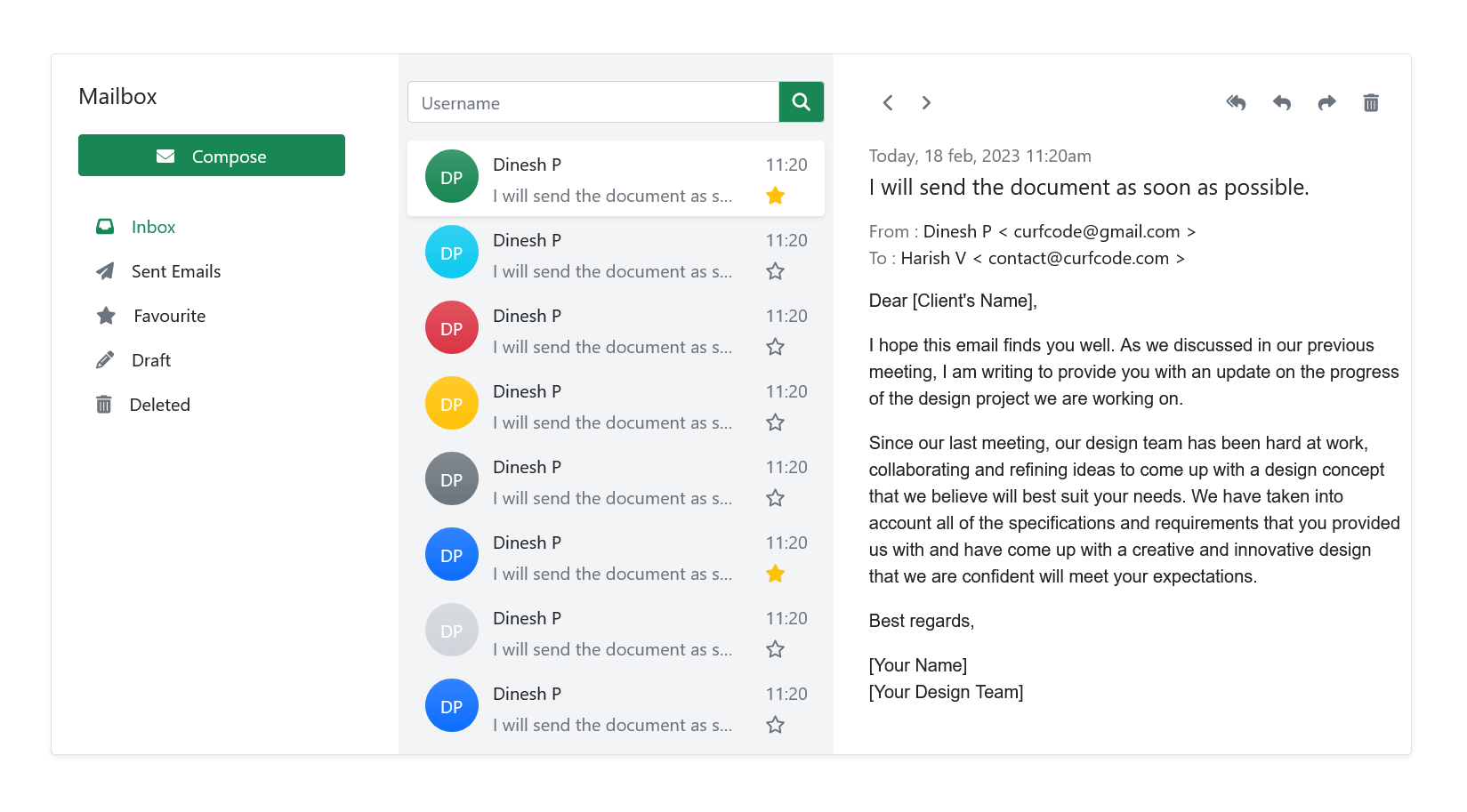 Mailbox page UI using bootstrap