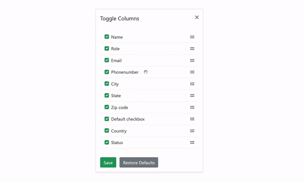 Table column reorder UI using bootstrap